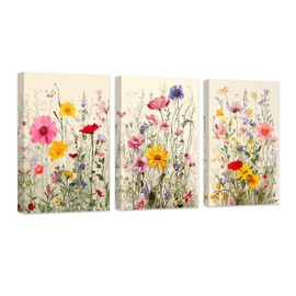 ZXHYWYM Floral Wall Art Set of 3 Watercolor Wildflower Paintings Colorful Flower Pictures Wall Decor Botanical Canvas Prints for Girls Room Decor Frame (B, (28x35cmx3))