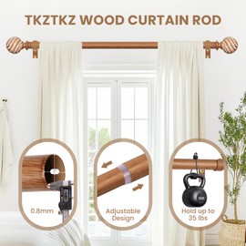 TKZTKZ Wood Curtain Rods for Windows 66-120" 2 Pack:Boho Farmhouse Wooden Curtain Rod for Living Room Bedroom,Rustic Adjustable Heavy Duty Drapery Rods Set Brown Decorative Bamboo Imitation Wood Grain
