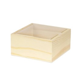 CALFOVERA 4.72×4.72×2.36 Inch Wooden Square Storage Box PapayaWhip Unfinished Gift Box with Sliding Design Clear Plastic Lid Jewelry Display Case Container for Jewelry Storage Gift Packaging DIY Craft