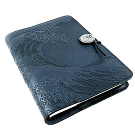 Modern Artisans Hokusai Wave American-Made Embossed Leather Writing Journal Cover, Navy Blue, 6 x 9-inch + Refillable Hard Bound Insert Book
