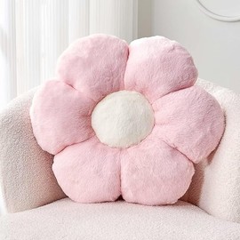 Pink Flower Pillow, Cute Decorative Flower Shaped Throw Pillow with Faux Rabbit Fur, 14.9" Soft Flower Plush Throw Pillow Floor Pillows Room Décor for Bedroom Living Room