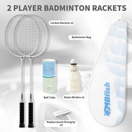 MBFISH Badminton Racket Set with 2 Carbon Fiber Rackets, 3 Shuttlecocks, 2 Replacement Racket Grip Tapes and 1 Badminton Bag - Perfect for Beginners & Outdoor Games 4U Sliver 2P
