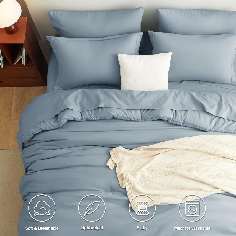 CozyLux King Size Comforter Set Grayish Blue, 7 Pieces Bed