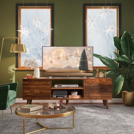 WLIVE Mid-Century Modern TV Stand for 55/60 Inch TV, Entertainment Center with Storage & Adjustable Shelves, Media Console with Soft-Close Cabinets for Living Room/Bedroom, Retro Brown