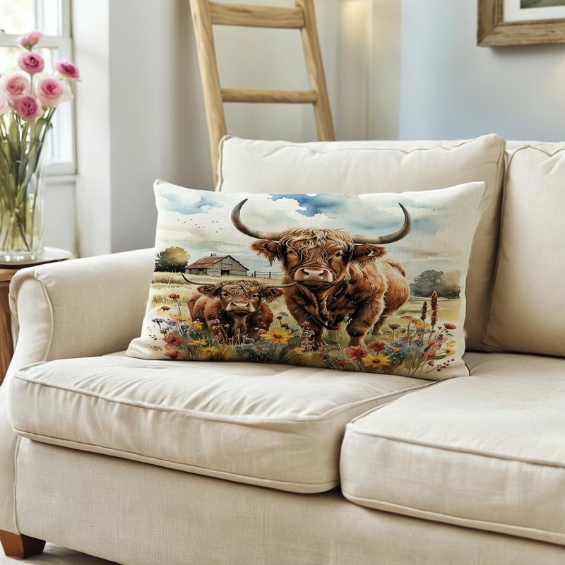 JAERUE Highland Cow Decorative Throw Pillow Covers with Wildflowers 12×20