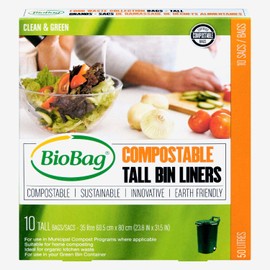 BioBag Tall Compostable and Biodegradable Kitchen Bags for Food Scraps, 50 Litre, 10 Count