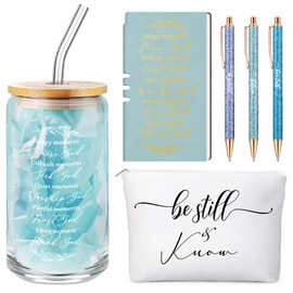 Spakon 6 Pcs Christian Gifts for Women Bible Verse A6 Leather Journal Notebook 16 oz Glass Cup Glitter Ballpoint Pen Makeup Bag Inspirational Gifts Sunday School Teacher Appreciation Day(Blue)