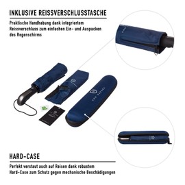 VON HEESEN Regenschirm sturmfest bis 140 km/h - inkl. Schirm-Tasche & Reise-Etui - Taschenschirm mit Auf-Zu-Automatik, klein, leicht & kompakt, Teflon-Beschichtung, windsicher, stabil (Blau)