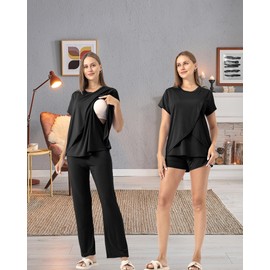 SUNNYBUY 3 Piece Nursing Pajamas Set Postpartum Casual Soft Maternity Pajamas Sleepwear Loungewear Clothing Layer, black