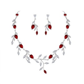 EVER FAITH Wedding Jewelry for Bride Women Birdesmaid, Sparkly Red Cubic Zirconia Pear-Shaped Birthstone Leaf Necklace Earrings Set for Prom