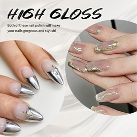 U-Shinein 2x12ml Metallic Mirror Silver & Bronze Gold Metal Painted Drawing Gel with Build in Thin Brush, Chrome Gel Polish Nail Art Gel Liner UV/LED Soak Off Home DIY Nail Art Manicure