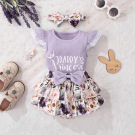 Hevemexy Baby Girl Clothes Daddy's Princess Romper Floral Bowtie Shorts Headband 3PCS 6-9 Month Girl Clothes