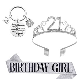 ZGCXRTO 21st Birthday Crown and Birthday Sash, 21st Birthday Girl Silver Crown Birthday Girl Sash Silver Sash Crystal Crown Birthday Keychain For Girls 21st Birthday, Alloy, metal, fabric, Agate