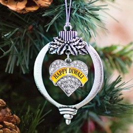 Inspired Silver - Happy Diwali - Silver Christmas Ornament - Pave Heart Charm Christmas Tree Ornament with Cubic Zirconia - Holiday Hanging Decoration