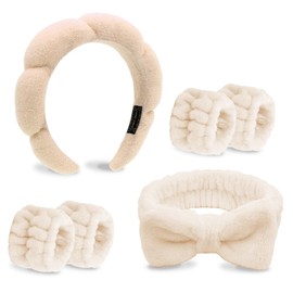 TIOSRU Khaki Spa Headband and Wristband Set-Headband for Washing Face Sponge Skincare Headbands Makeup Headbands for Women Girls Cute Bow Skin Care headband Soft Bubble Face Wash Headband for Women