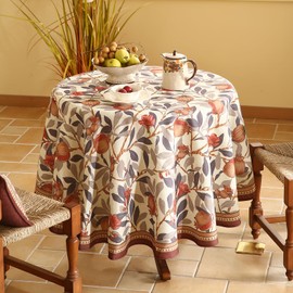 patdrea Designer Brown Tablecloth for Round Tables,Framhouse Linen Pomegranates and Leaves Tree Linen Tablecloth,Fall Fruits Table Cover Cloth Decor for Kitchen Dining Christmas,Diameter 67"