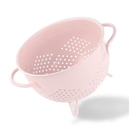 Metal Colander 5 Quart Powder Coated Self-draining Metal Strainer with Base,Kitchen Pasta Fruit Vegetable Basket with Double Handles (Pink)