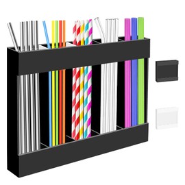 Acrylic Straw Holder Organizer Reusable Straw Dispenser with Double Sided Adhesive for Drinking Straws Storage - Ideal or Kitchen Cabinet Counter Cupboard (Black)