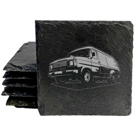 Ford Transit MK2 Van Design Rustic Gray Slate Coasters Set of 4 - Laser Etched, Natural Chipped Edge, Rubber Feet - Perfect for She-Shed or Man Cave - Handmade in Oregon USA by Small Business