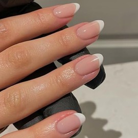 modelones Uñas postizas francesas, cortas y ovaladas, con pegamento, adhesivos, lima, almohadilla de preparación y palito de manicura, 32 unidades, 16
