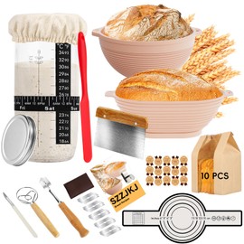 SZZJKJ Sourdough Starter Kit, 24PCS Sourdough Bread Baking Supplies, Silicone Banneton Bread Proofing Basket Set of 2, Sourdough Starter Kit Beginners with 10pcs Bread Bags for Baking Lovers