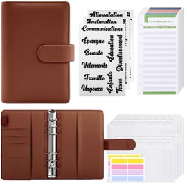 KONVINIT Budget Planner France A6 PU Leather Money Organiser Budget Binder with French Stickers, Money Compartments, Budget Sheets, Label Stickers, Brown
