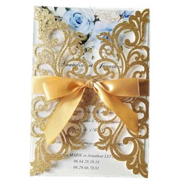 25PCS Gold Glitter Laser Cut Wedding Invitations Cards with Envelopes,Blank Inner Sheets,Ribbons for Wedding Bridal Shower Quinceañera Engagement Birthday Invites