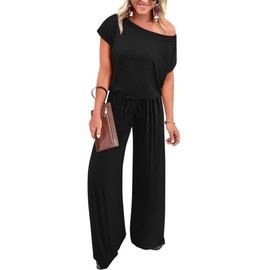 KIRUNDO Black Jumpsuits for Women Casual Summer Loose One Piece Outfits Off Shoulder Wide Leg Jumpsuit Overalls Stretchy Long Pant Rompers with Pockets 2024(Black, Large)