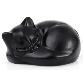 QINJIEJIE Black Obsidian Cat Crystals Decor Matt Sleeping Cat Statue Hand Carved Stone Figurine Decors Gift Polished Cute Gemstones Office Room Home Desk Lucky Decoration for Women Men
