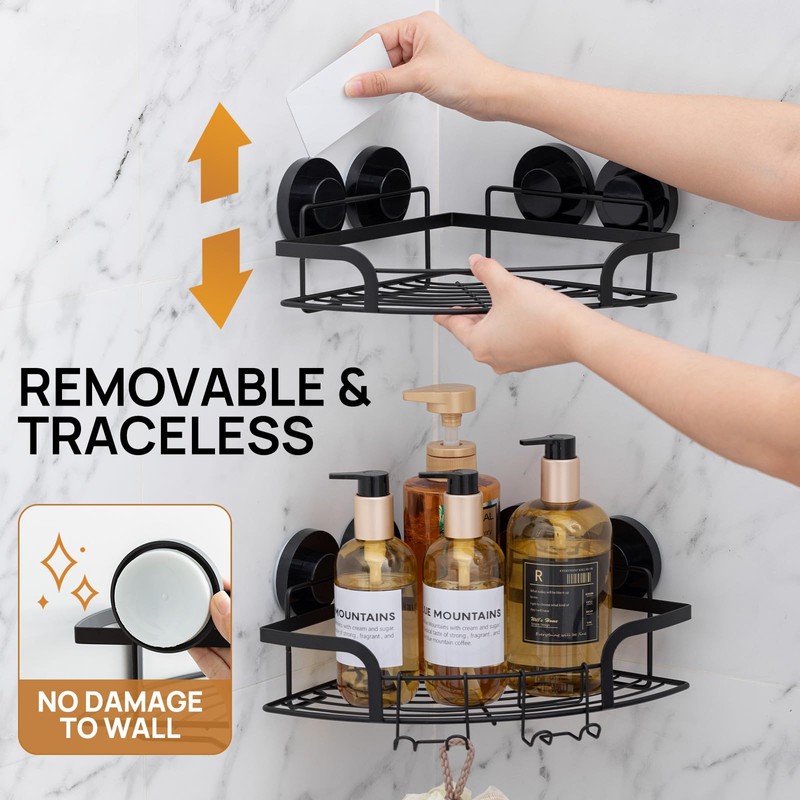 LEVERLOC 2 Pack Strong Suction Cup Corner Shower Caddy, Large