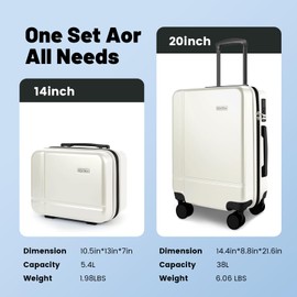 Voytra 2 Piece Carry on Luggage Set, 14 in 20 in Lightweight Hardshell Suitcases with 360 Double Spinner Wheels & TSA Lock for Family Vacation Getaways Double Spinner Wheels White