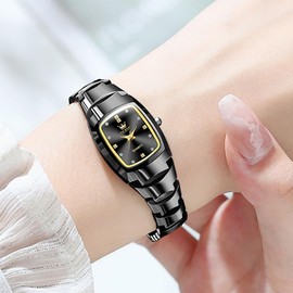 OLEVS Black Watches for Women Business Dress Analog Quartz Water Resistant Tungsten Steel Bracelet Womens Rectangle Square Face Watches for Small Wrists Easy to Read
