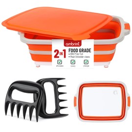 AMBRINT Medium 8L BBQ Prep Tub with Lid & 2 pcs Meat Shredder Claws, Collapsible Cutting Board for Brisket, BBQ Tray for Meal Prep marinating, Versatile Kitchen Container for Meat & Food storage