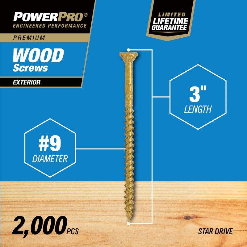 Power Pro 967778 Wood Screws, #9 x 3, Premium Outdoor