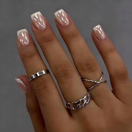 SXVME Uñas postizas cortas cuadradas con punta francesa blanca cromada, uñas postizas lindas y brillantes con diseño de espejo, uñas postizas brillant
