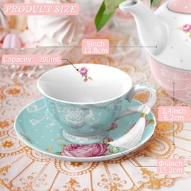 London Boutique Tea Cup and Saucer Set 1 Afternoon Tea Set New Bone China Vintage Flora Gift Box 200m (Turquoise)