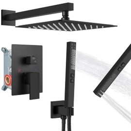 GBBNE Shower Faucet Set Rainfall Shower System with Square Showerhead and Handle Set Fixture with 2 in 1 Function Handheld Sprayer Wall Mounted Trim Repair Kit Rough-in Valve 12 Inch Matte Black