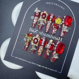 100% Handmade Press on Nails Long Coffin Red Acrylic Handmade Nails Press Ons Diamond Fake Nails Rhinestones Glue on Nail Reusable Gorgeous False Nail for Women Girls Manicure Size L
