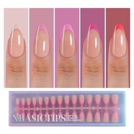 Misssix XBASICTIPS Uñas postizas francesas, 150 unidades, almendra mediana, gel suave preformado, sin lima, 3 en 1, para extensiones de uñas, 15 tamañ