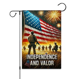 FLAGMEUP8386 Military Tribute Garden Flag 12x18 Inch - US Soldiers Standing with Waving American Flag & Fireworks, Independence And Valor Design, Double-Sided All-Weather Polyester for 4th of July, Veterans Day Outdoor Decor
