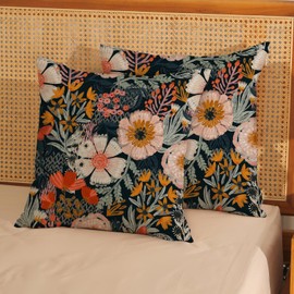 JEFERSO Boho Floral Pillow Covers 16x16 Inch Set of 2 Vintage Black Throw Pillows Modern Abstract Bohemian Flower Decorations Pillow Cases Farmhouse Linen Outdoor Cushion Case for Couch Sofa Decor