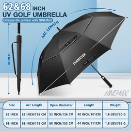 NINEMAX 68 Inch Golf Umbrella UV Protection, Large Windproof UV Umbrellas Auto Open Double Canopy Vented Sun Blocking UPF 50+ for Sun and Rain(Silver/Black)