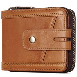 Zipper Wallet for Men, Genuine Leather Zipper Around Purse RFID Blocking Bifold ID Window,Zipper Wallet With Coin Pocket (Brown)