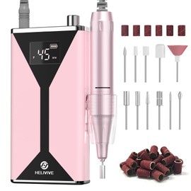 HELIVIVE Professional Electric Nail Drill 45000RPM (Portable & Rechargeable) (with 11 Drill Bits ) Cordless Nail File Machine for Shaping, Polishing & Removing Gel Nails for Salon Home (Pink)