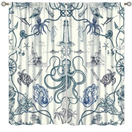 Nautical Blackout Curtain Octopus Curtains Nautical and Sea Animal Themed Darkening Drapes Rod Pocket Kitchen Dining Room Cafe Bedroom Office Living Room 42x45 in