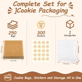 250 Pack Cookie Bags with Seal, 7.1 x 7.5 Inch Kraft Paper Bakery Bags with Window, Storage Box Included, Self Sealing & Grease Resistant Cookie Packaging for Donuts,Brownies,Scones & Muffins