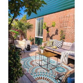 Santextile Reversible Outdoor/Indoor Plastic Straw Rugs Waterproof Portable Mat Easy to Clean Outdoor Patio Mat,Perfect for Garden, Patio, Picnic, Decking-（Blue,9x12Ft）