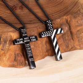 FUNPAR American Flag Cross Breathing Necklace, Stainless Steel Patriotic Jewelry, Inspirational Bible Verse Cross Necklace, Anxiety Relief Items for Men Christian Gift(Black 41:10)