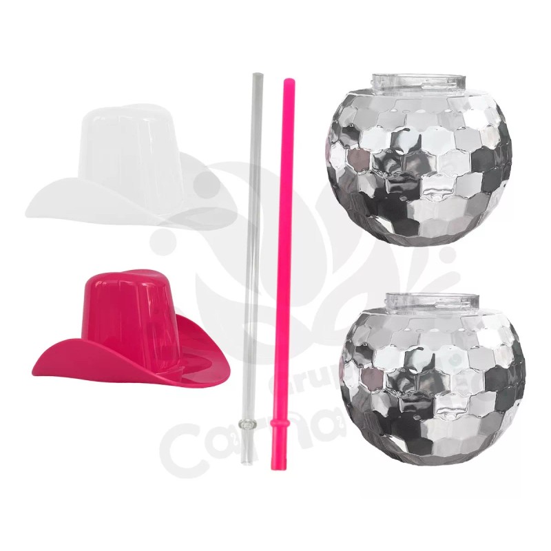 Grupo Carnavallia 2 Vaso Bola Disco Sombrero Texano Blanco Rosa