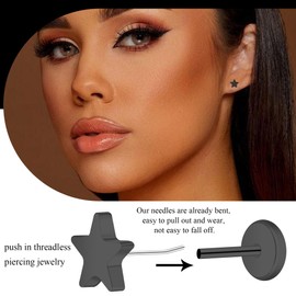 ZDE Women Earrings Threadless Flat Back Star Earrings Titanium Hypoallergenic Cartilage Non-Nickel Pink Push Back Earrings Studs for Sensitive Ears Simple Classic Earstuds (Black)